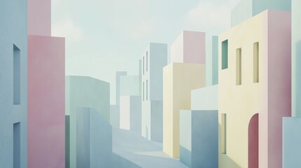 Minimal Pastel Cityscape Illustration with Abstract Geometric Buildings in Soft Light