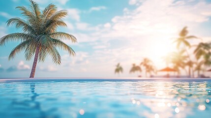 Blurred Summer Paradise: Resort Poolside Relaxation. Perfect for travel brochures, websites, and social media posts promoting luxury getaways and     