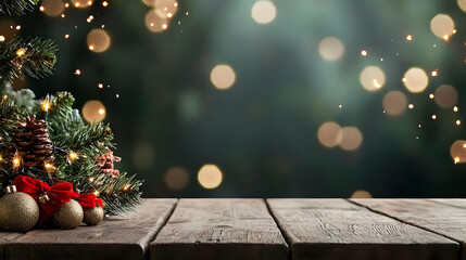 Festive Christmas Decoration with Fir Tree Branches Pine Cones and Golden Ornaments on a Rustic Wooden Table with Bokeh Lights in the Background