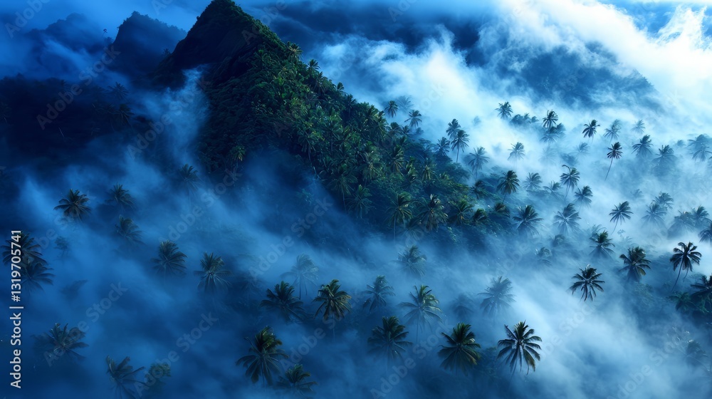 Poster beautiful blue sky with a mountain range in the background. the sky is filled with clouds and the tr