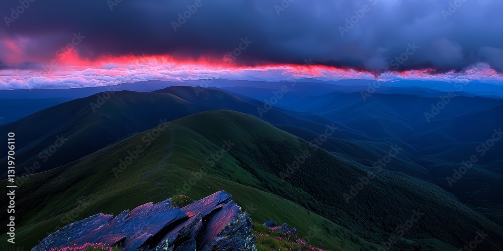 Aufkleber beautiful mountain range with a pink and purple sky in the background. the mountains are covered in 