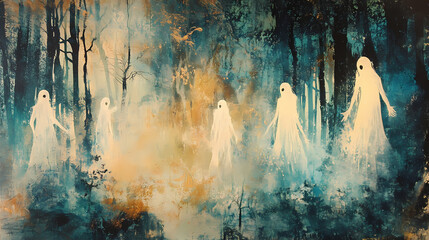 Whimsical ghostly encounter in an enchanted forest a magical journey through light and shadows. Ghostly Luminescence. Illustration