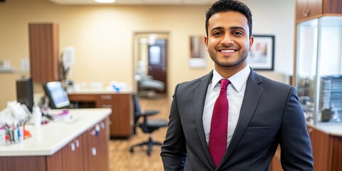 friendly indian entrepreneur standing in dentist office