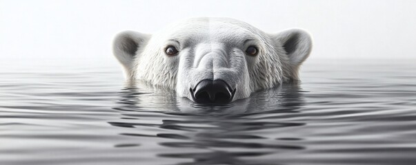 A white polar bear swims with its head above the water