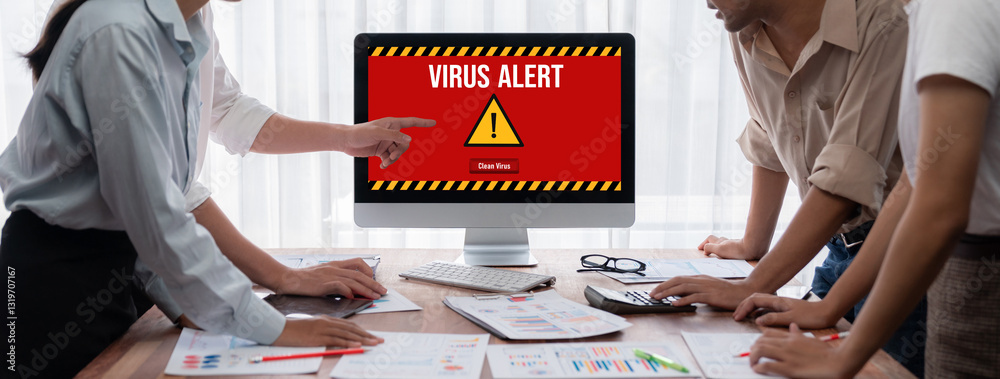 Poster Virus warning alert on computer screen detected brisk cyber threat , hacker, computer virus and malware