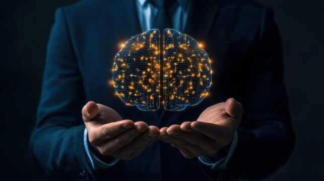 Businessman holding glowing circuit brain hologram on dark office background. AI and business communication concept.