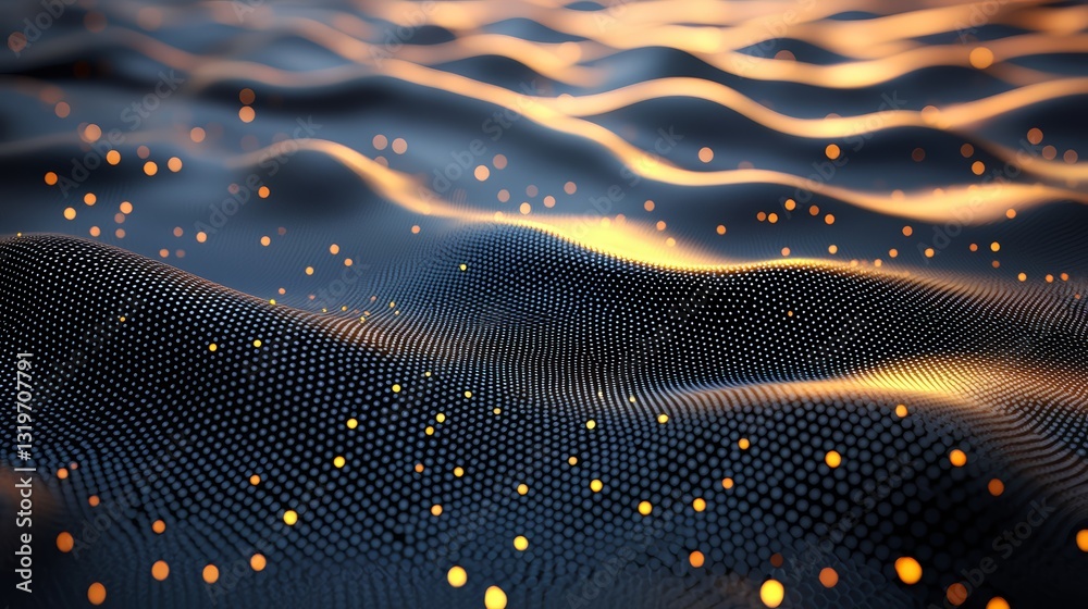 Poster black and gold wave with a lot of dots. the dots are yellow and they are scattered all over the wave