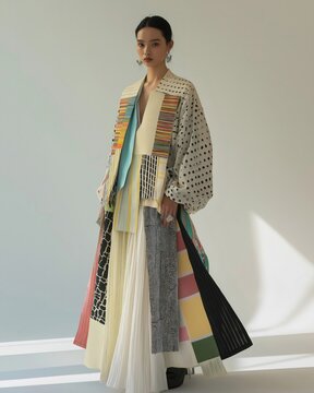 Fashion model wearing a patchwork dress for easter celebration. Generative ai illustrations
