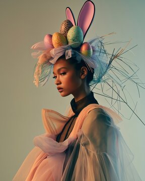 Fashion model wearing easter themed headwear posing in studio. Generative ai illustrations