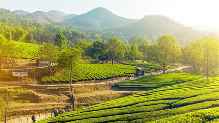 Naklejka premium Scenic panorama of vibrant green tea plantation on hillside with mountains in background and golden sunlight. The beautiful agricultural landscape shows traditional tea farming with perfect terraced