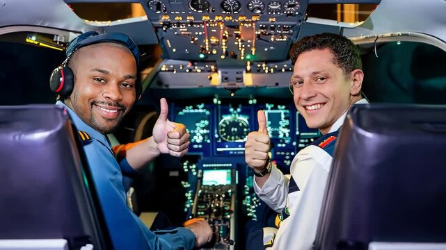 young pilots in cockpit making thumbs up