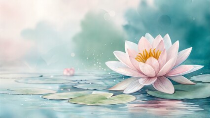 Watercolor illustration of blooming lotus flower on tranquil pond