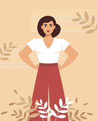 Confident woman on floral background. Equality and feminism concept. Flat style illustration.