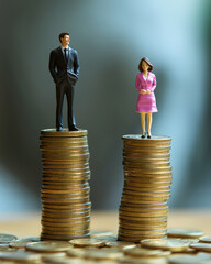 Gender Pay Gap Concept with Miniature Figures on Stacks of Coins
