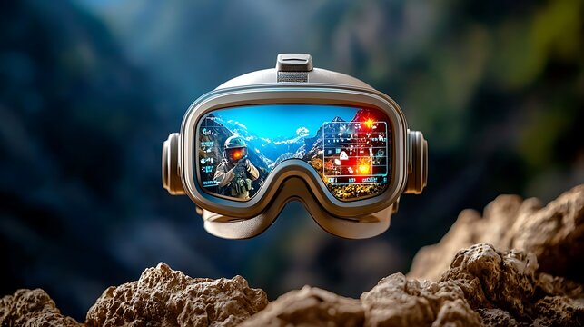 Futuristic goggles displaying a stunning mountain landscape with digital overlays and data - Powered by Adobe