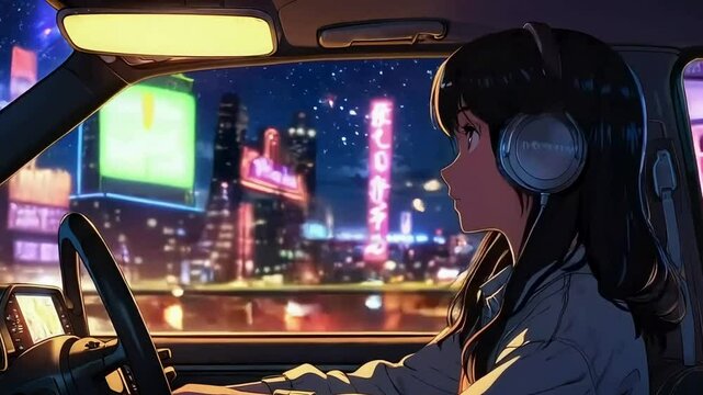 Lofi animation. Seamless loop. Girl listening music watching sky, anime girl lofi animation Assets were created with the help of an AI and then were manually modified and animated.