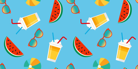 Seamless summer pattern with watermelon slices, cocktail drinks and sunglasses, light blue background, fun tropical design, vector texture for textiles and print