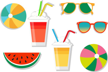 Summer vector set of watermelon slice, drinks, sunglasses, beach balls, isolated elements for seasonal design, fun tropical graphics, bright colors