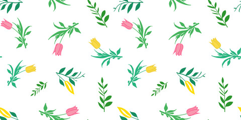 Seamless tulips and branches pattern, minimalistic spring floral design, white background, vector texture for textiles and print