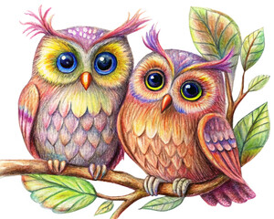 Fototapeta premium Loving owls sitting closely on a dreamy tree branch in transparent background
