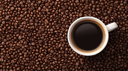 Fototapeta premium Coffee top view cup. Realistic cup and coffee beans banner template. Vector roasted beans background