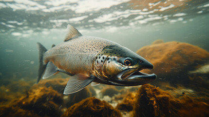 Stunning underwater image of a large salmon fish swimming in a river life gray ocean photo scene