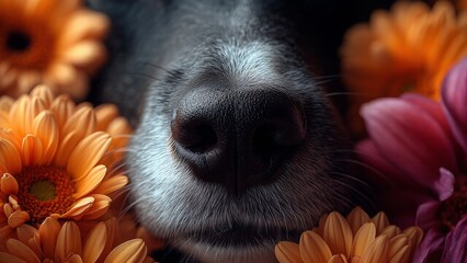 Wet dog's nose peeks out from colorful flowers bouquet. Funny spring greeting card for Mother's Day, Valentine's Day. Close-up view. Cute animal portrait. Summer, autumn blooming and allergy season