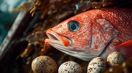 Fototapeta premium Closeup red fish with quail eggs still life photography image food hunt ocean color macro fresh catch