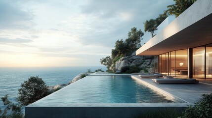 Fototapeta premium Modern cliffside home with infinity pool overlooking the ocean.