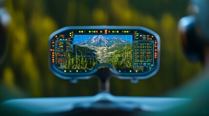 Futuristic heads-up display showcasing a mountainous landscape with dense forests and clear skies