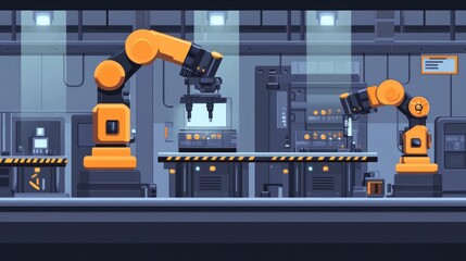 Automated production in a factory showcasing advanced robotics and artificial intelligence controlling operations