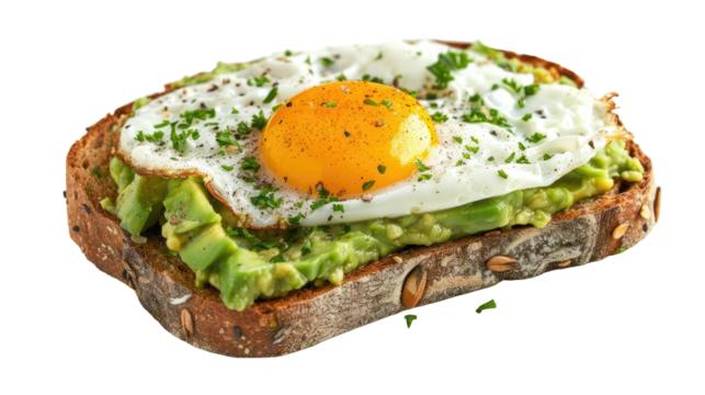 Breakfast toast with poached egg and avocado on transparent background