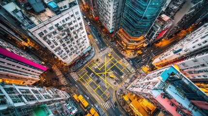Hong Kong Metropolis: Aerial View of a Vibrant Intersection at Night