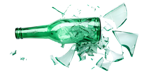 Glass shards, broken green beer bottle isolated on white or transparent background