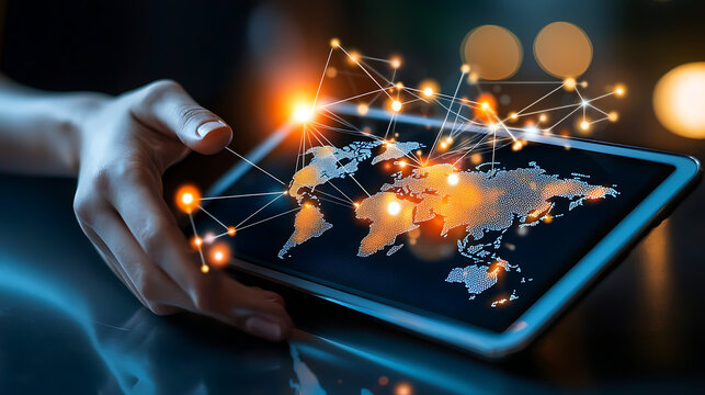 A person is holding a tablet with a map of the world on it. generated using AI