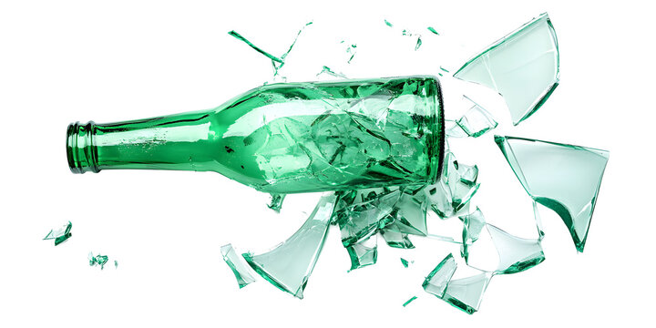 Glass shards, broken green beer bottle isolated on white or transparent background