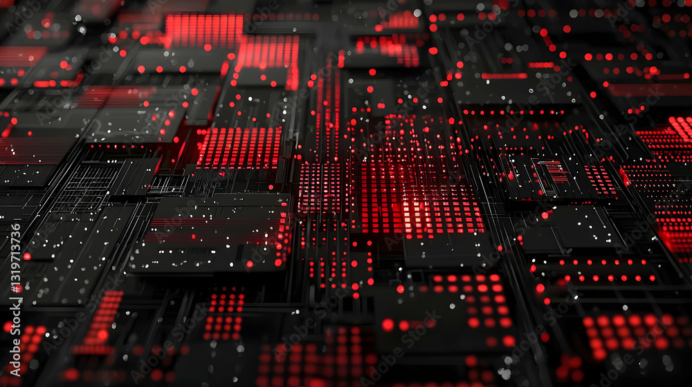 Poster futuristic red and black digital circuit board with glowing lights in complex technological network 