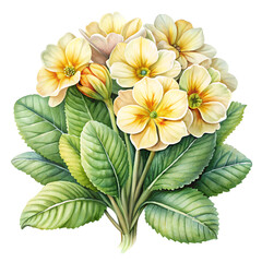 Obraz premium Primroses Bouquet: A beautiful bouquet of delicate primroses in full bloom, showcasing their soft yellow petals and lush green leaves. Captured in a vivid, photo-realistic style.