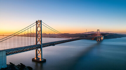 Fototapeta premium Panoramic Aerial View of Bay Bridge at Golden Hour Sunset in San Francisco