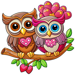 Fototapeta premium Adorable owls gazing lovingly at each other on an elegant branch in transparent background