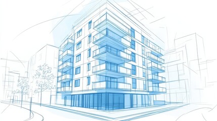 An apartment building in a modern city. Architectural property concept. A continuous line drawing design graphics modern illustration.