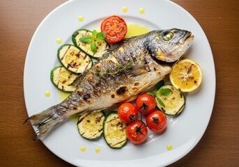 A grilled whole fish with crispy golden skin and charred grill marks, garnished with fresh herbs