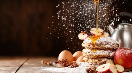 This enticing image features freshly baked cookies drizzled with golden honey, garnished with fresh apple slices, and adorned with eggs and star anise for a cozy vibe.