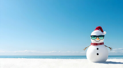 A Festive Snowman Wearing Sunglasses and a Santa Hat Enjoys a Sunny Winter Day at the Beach with Clear Blue Sky