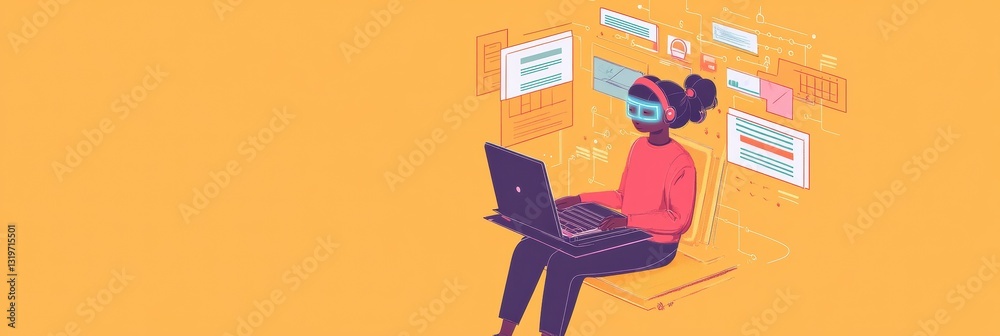 Poster Student engages in virtual learning with AI assistance while using a laptop inside an innovative digital learning environment