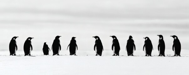A line of penguins standing on snow against a white background