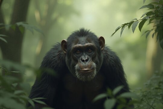 Close-up portrait of a chimpanzee in a lush green jungle, wildlife photography