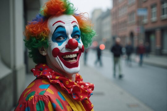 Smiling clown in colorful costume on a city street, joyful street performer