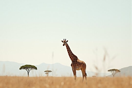 Giraffe standing in the African savanna with acacia trees and mountains in the background