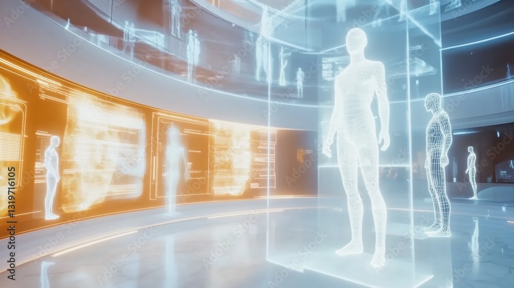 Leinwandbilder Digital avatars engage in social interaction within a futuristic metaverse lobby featuring holographic displays and interactive interfaces